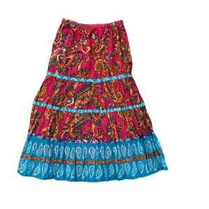 Y2K Choices Pink and Blue Multicolor Boho Indie Paisley Maxi Skirt with Ruffles